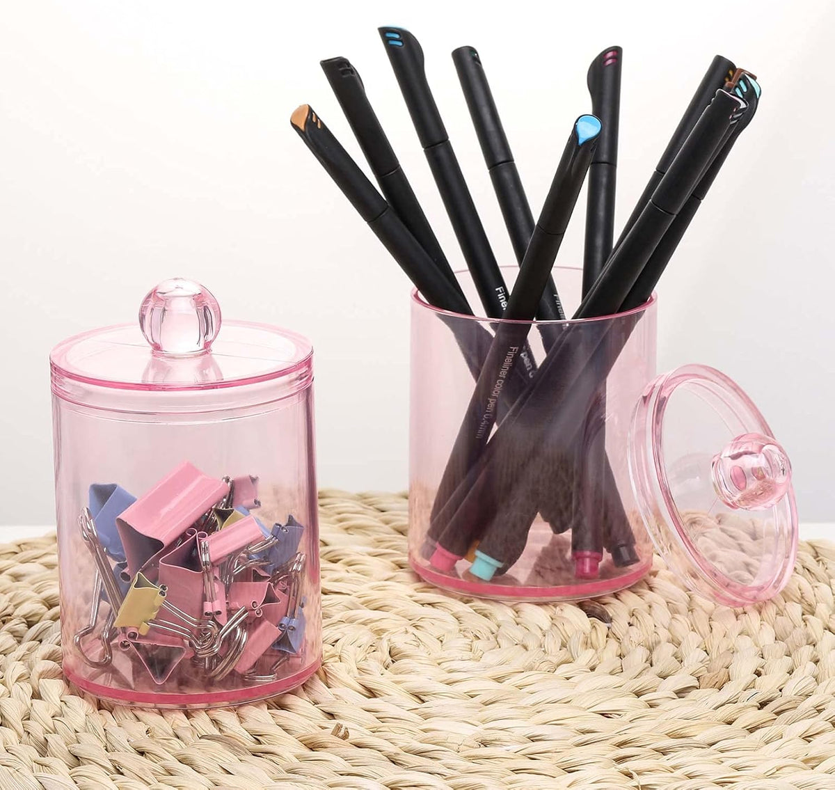 4 pcs Qtips Holder Bathroom Container, 10 OZ Apothecary Jar, Pink Cotton Ball/Swabs Dispenser Organizer for Storage