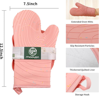 4 Pieces Oven Mitts of Macaron Color Thickened Non-Slip Silicone Kitchen Gloves, Heat Resistant up to 750F, Essential for Kitchen Baking (Pink)