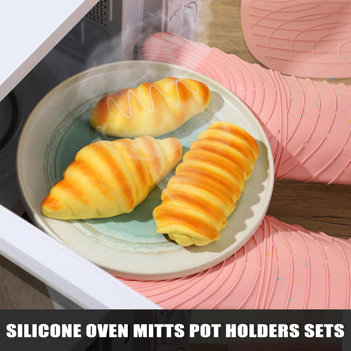 4 Pieces Oven Mitts of Macaron Color Thickened Non-Slip Silicone Kitchen Gloves, Heat Resistant up to 750F, Essential for Kitchen Baking (Pink)