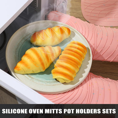 4 Pieces Oven Mitts of Macaron Color Thickened Non-Slip Silicone Kitchen Gloves, Heat Resistant up to 750F, Essential for Kitchen Baking (Pink)