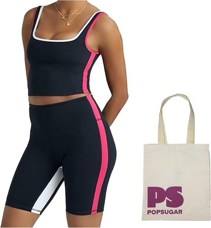 Two piece workout sets for women, 2 piece Gym Sets Tank Top Shelf Sports Bra And Matching Biker Shorts Running Work Out Yoga