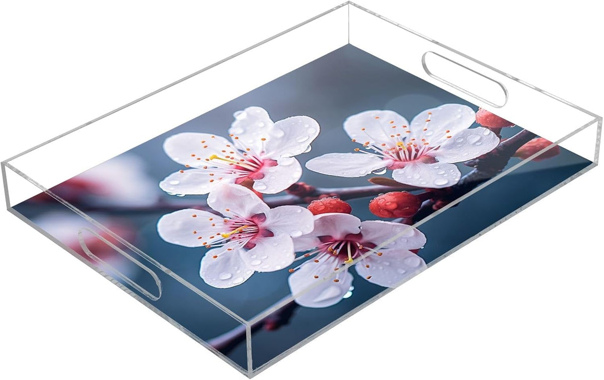 Plastic Food Serving Tray Decorative Vanity Trays for Bathroom Peach Blossom Coffee Table Kitchen Counter 11.8 * 15.7in