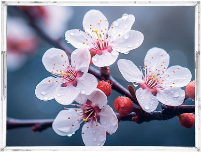 Plastic Food Serving Tray Decorative Vanity Trays for Bathroom Peach Blossom Coffee Table Kitchen Counter 11.8 * 15.7in