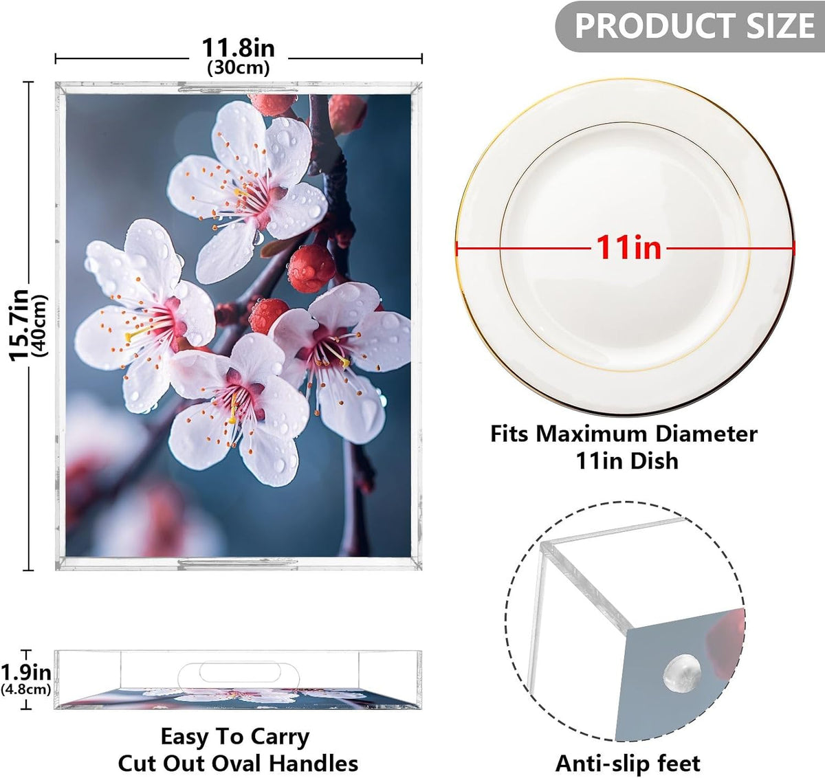 Plastic Food Serving Tray Decorative Vanity Trays for Bathroom Peach Blossom Coffee Table Kitchen Counter 11.8 * 15.7in