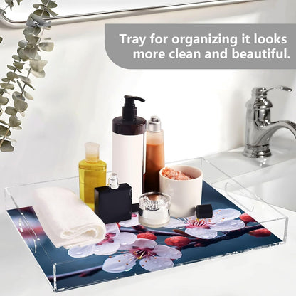 Plastic Food Serving Tray Decorative Vanity Trays for Bathroom Peach Blossom Coffee Table Kitchen Counter 11.8 * 15.7in