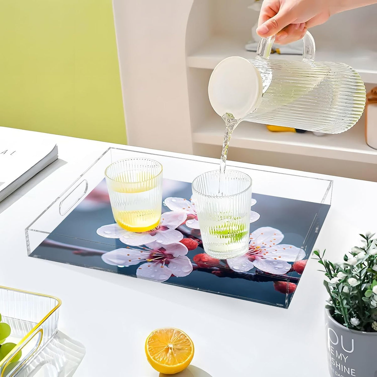 Plastic Food Serving Tray Decorative Vanity Trays for Bathroom Peach Blossom Coffee Table Kitchen Counter 11.8 * 15.7in