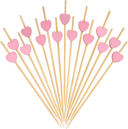 Pink Heart Bamboo Cocktail Picks, Decorative Appetizer Toothpicks