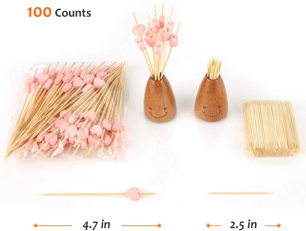 Pink Heart Bamboo Cocktail Picks, Decorative Appetizer Toothpicks