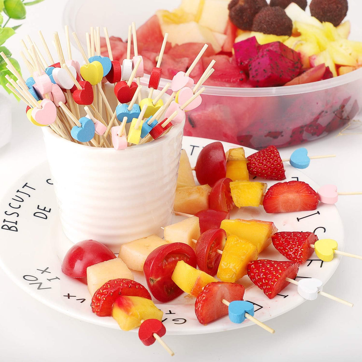 Pink Heart Bamboo Cocktail Picks, Decorative Appetizer Toothpicks