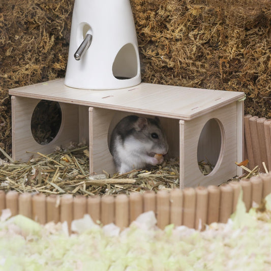 Hamster Peep Tunnel, 2-Chamber Wooden Hamster Hideout, Water-Resistant Platform for Dwarf Hamsters and Small Pets, 8.3" x 4.3" x 3.1"