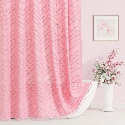 Boho Farmhouse Woven Fabric Shower Curtain, Pink Tufted Chevron Stripes Textured Minimalist Design with Tassels Bathroom Decor Curtain for Home or Hotel, 72 x 72