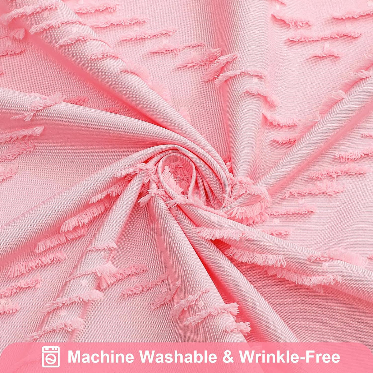 Boho Farmhouse Woven Fabric Shower Curtain, Pink Tufted Chevron Stripes Textured Minimalist Design with Tassels Bathroom Decor Curtain for Home or Hotel, 72 x 72
