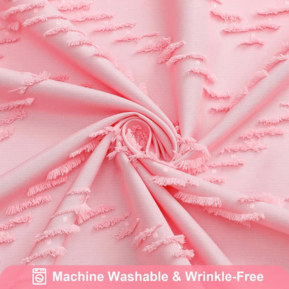 Boho Farmhouse Woven Fabric Shower Curtain, Pink Tufted Chevron Stripes Textured Minimalist Design with Tassels Bathroom Decor Curtain for Home or Hotel, 72 x 72