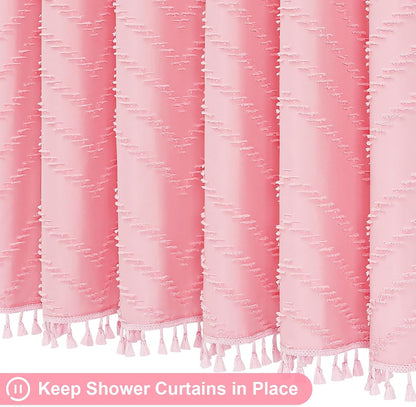 Boho Farmhouse Woven Fabric Shower Curtain, Pink Tufted Chevron Stripes Textured Minimalist Design with Tassels Bathroom Decor Curtain for Home or Hotel, 72 x 72