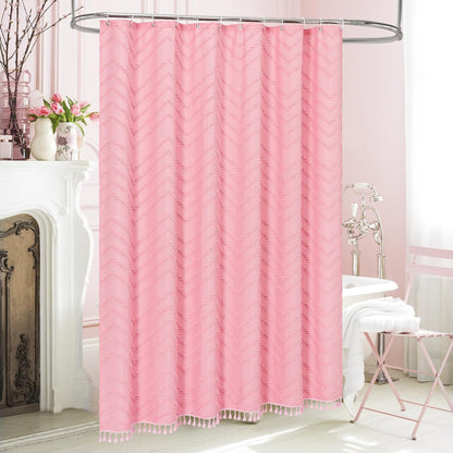 Boho Farmhouse Woven Fabric Shower Curtain, Pink Tufted Chevron Stripes Textured Minimalist Design with Tassels Bathroom Decor Curtain for Home or Hotel, 72 x 72