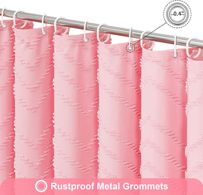 Boho Farmhouse Woven Fabric Shower Curtain, Pink Tufted Chevron Stripes Textured Minimalist Design with Tassels Bathroom Decor Curtain for Home or Hotel, 72 x 72
