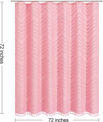 Boho Farmhouse Woven Fabric Shower Curtain, Pink Tufted Chevron Stripes Textured Minimalist Design with Tassels Bathroom Decor Curtain for Home or Hotel, 72 x 72