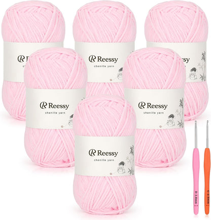 Baby Yarn for Crocheting, Skinny Chenille, 6-Pack 50g, Soft Pink