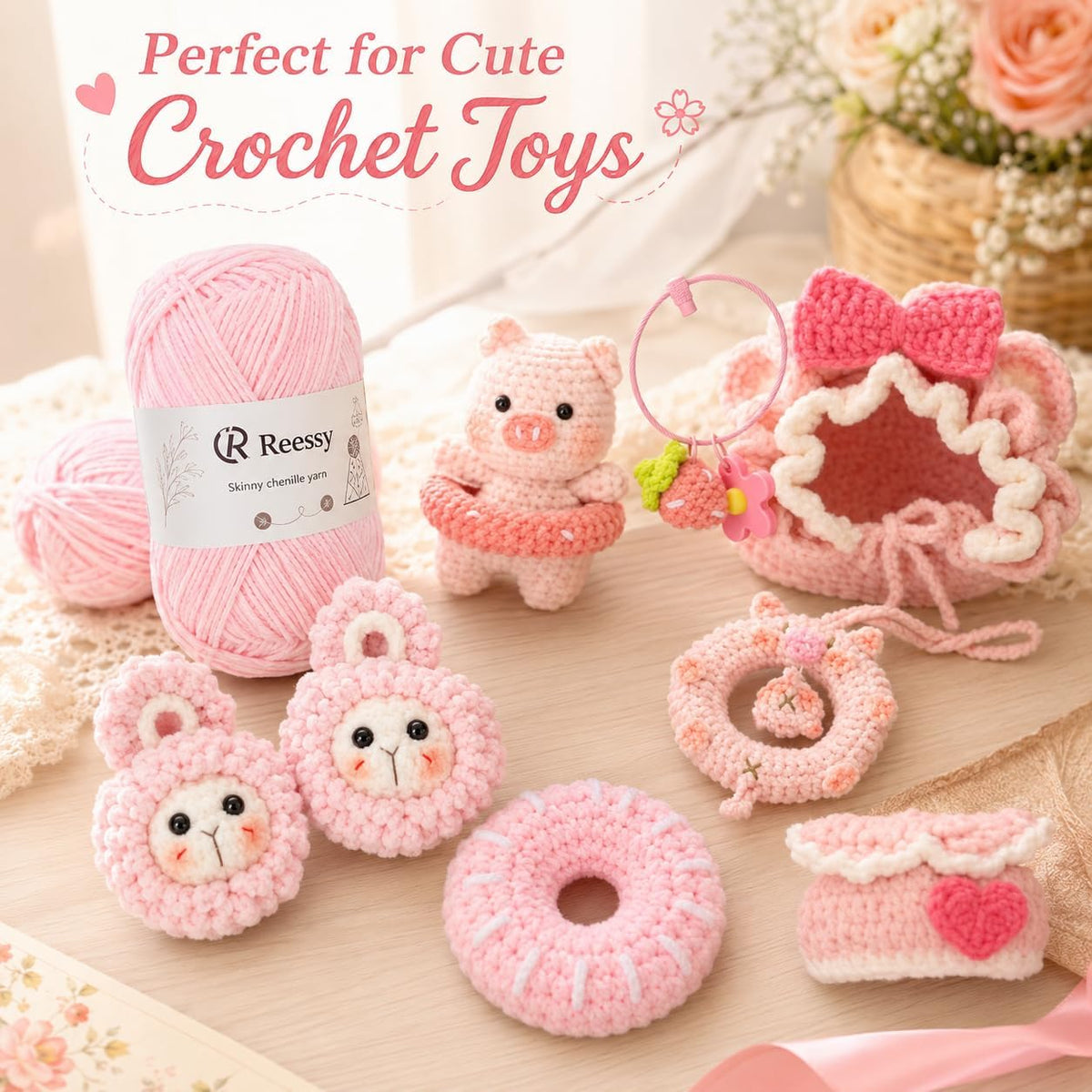 Baby Yarn for Crocheting, Skinny Chenille, 6-Pack 50g, Soft Pink