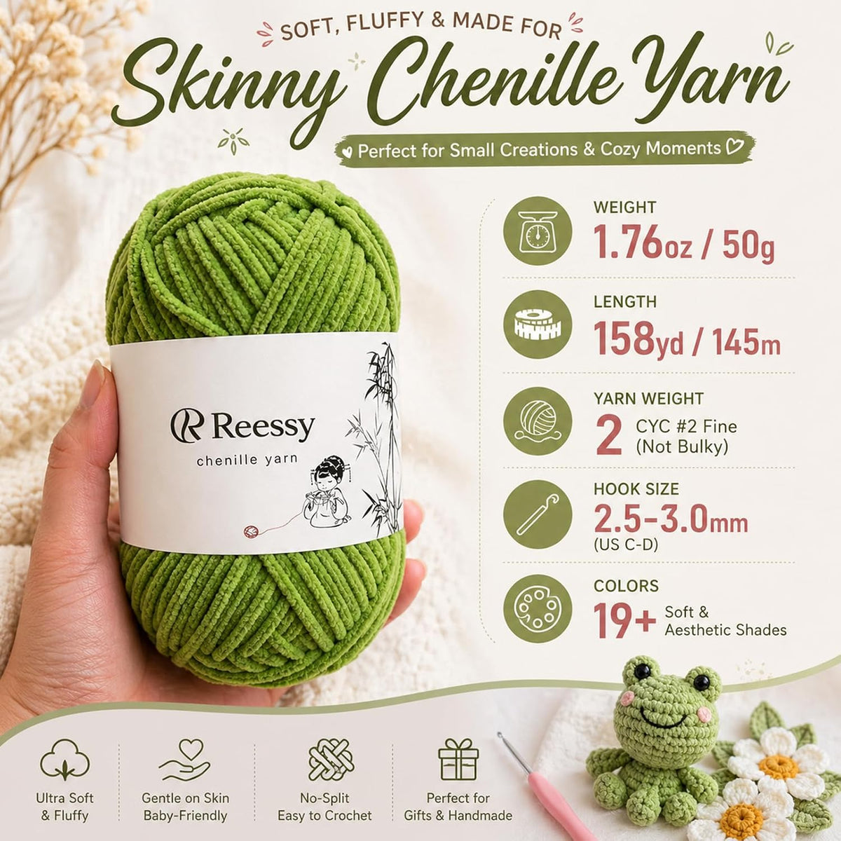 Baby Yarn for Crocheting, Skinny Chenille, 6-Pack 50g, Soft Pink