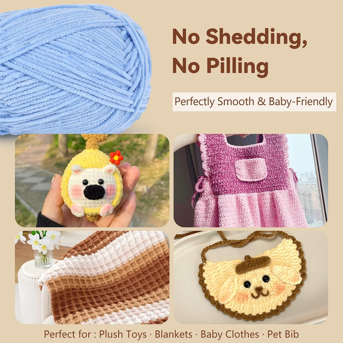 Baby Yarn for Crocheting, Skinny Chenille, 6-Pack 50g, Soft Pink