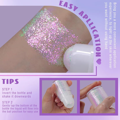 Roll-on Holographic Body Glitter Gel for Face Hair, Chameleon Color Changing Glitter Gel Under Light, Chunky Mermaid Sequins Festival Party Rave Accessories Shimmer Makeup (Sparkling Pink)
