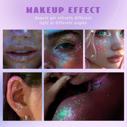Roll-on Holographic Body Glitter Gel for Face Hair, Chameleon Color Changing Glitter Gel Under Light, Chunky Mermaid Sequins Festival Party Rave Accessories Shimmer Makeup (Sparkling Pink)
