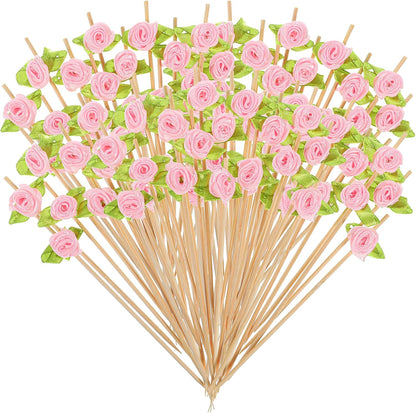 100 Pcs Pink Rose Flower Cocktail Picks, Pink Flower 4.7 Inch Drink Picks Appetizer Skewers, Cocktail Pick Fruit Skewers for Wedding Valentine Holiday Party Decoration