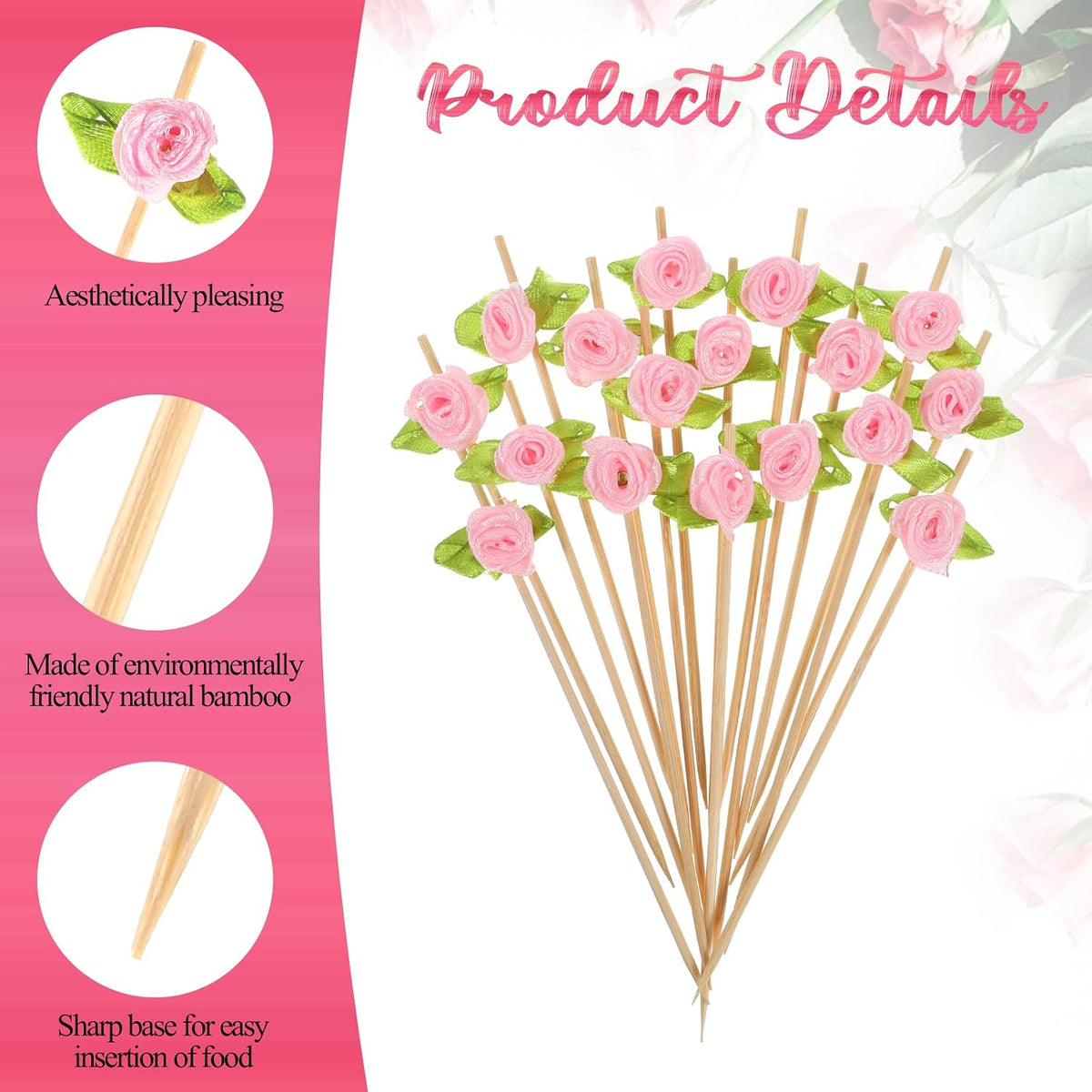 100 Pcs Pink Rose Flower Cocktail Picks, Pink Flower 4.7 Inch Drink Picks Appetizer Skewers, Cocktail Pick Fruit Skewers for Wedding Valentine Holiday Party Decoration