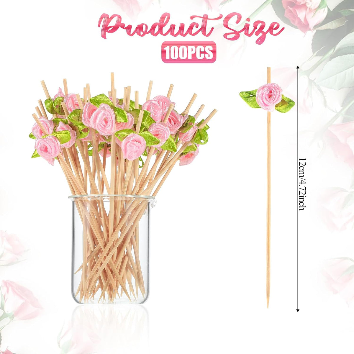 100 Pcs Pink Rose Flower Cocktail Picks, Pink Flower 4.7 Inch Drink Picks Appetizer Skewers, Cocktail Pick Fruit Skewers for Wedding Valentine Holiday Party Decoration