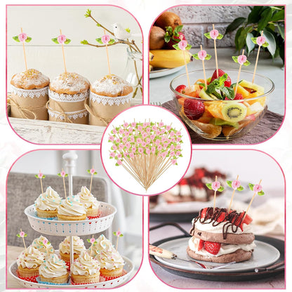 100 Pcs Pink Rose Flower Cocktail Picks, Pink Flower 4.7 Inch Drink Picks Appetizer Skewers, Cocktail Pick Fruit Skewers for Wedding Valentine Holiday Party Decoration