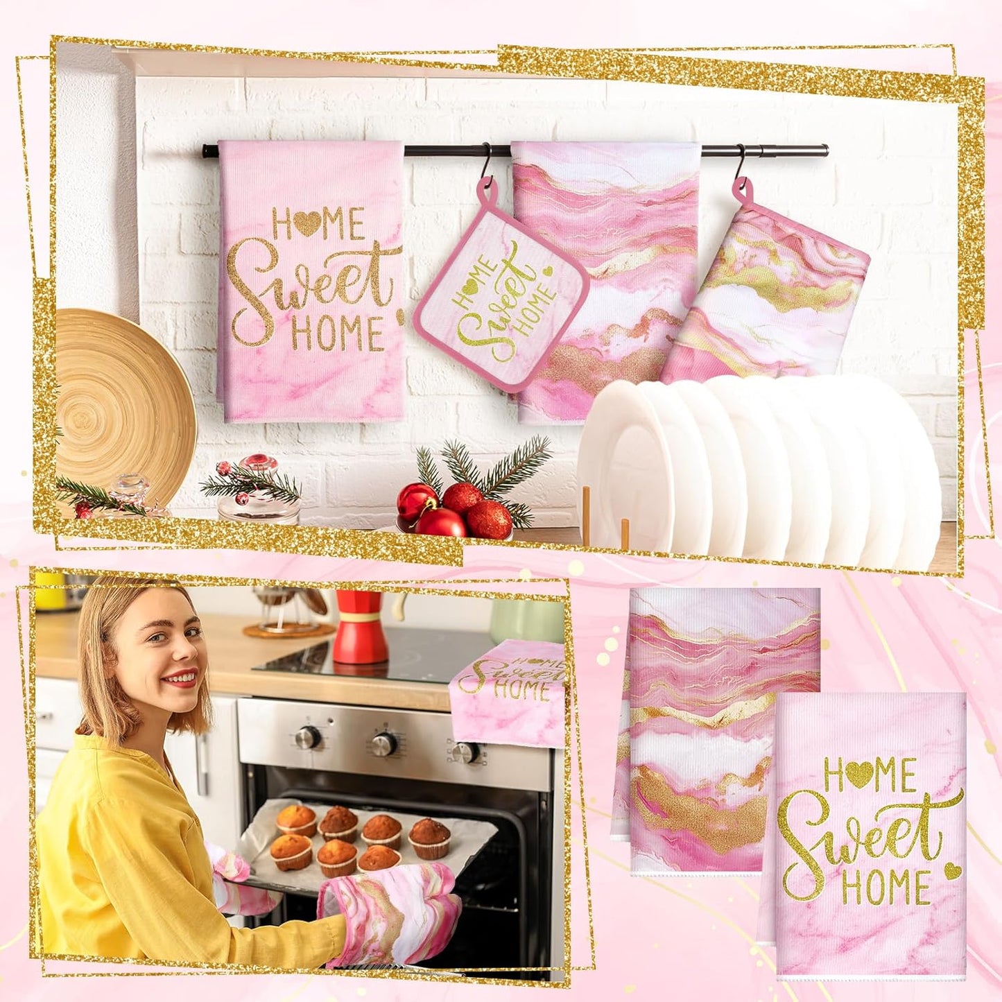 6 Pcs Pink Kitchen Decor Marble Kitchen Towels Set Pot Holders and Oven Mitts Pink Marble Linens Set for Baking Cooking Grilling Cleaning Supply Accessories