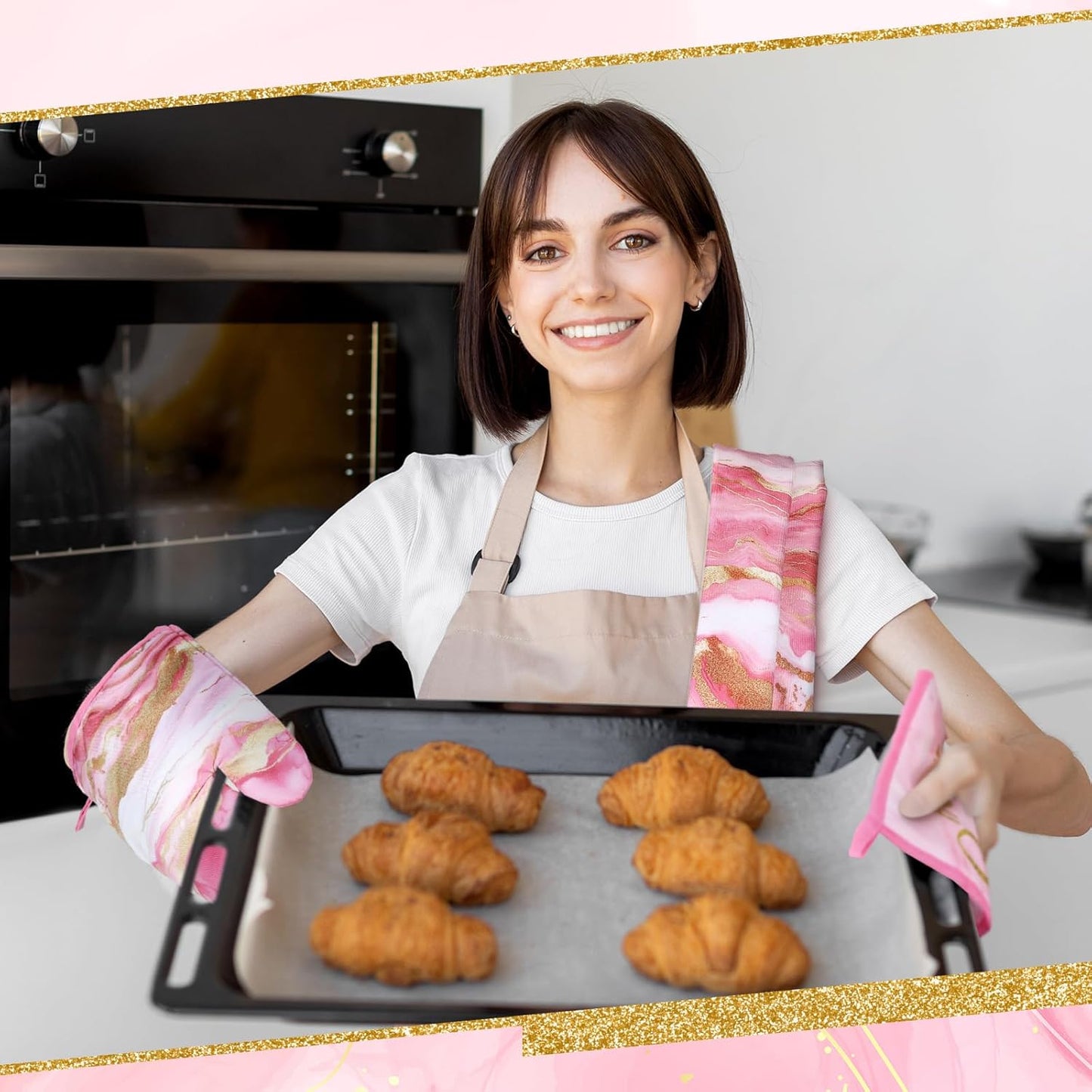 6 Pcs Pink Kitchen Decor Marble Kitchen Towels Set Pot Holders and Oven Mitts Pink Marble Linens Set for Baking Cooking Grilling Cleaning Supply Accessories