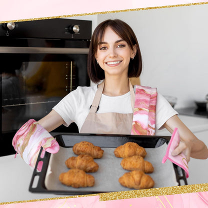 6 Pcs Pink Kitchen Decor Marble Kitchen Towels Set Pot Holders and Oven Mitts Pink Marble Linens Set for Baking Cooking Grilling Cleaning Supply Accessories