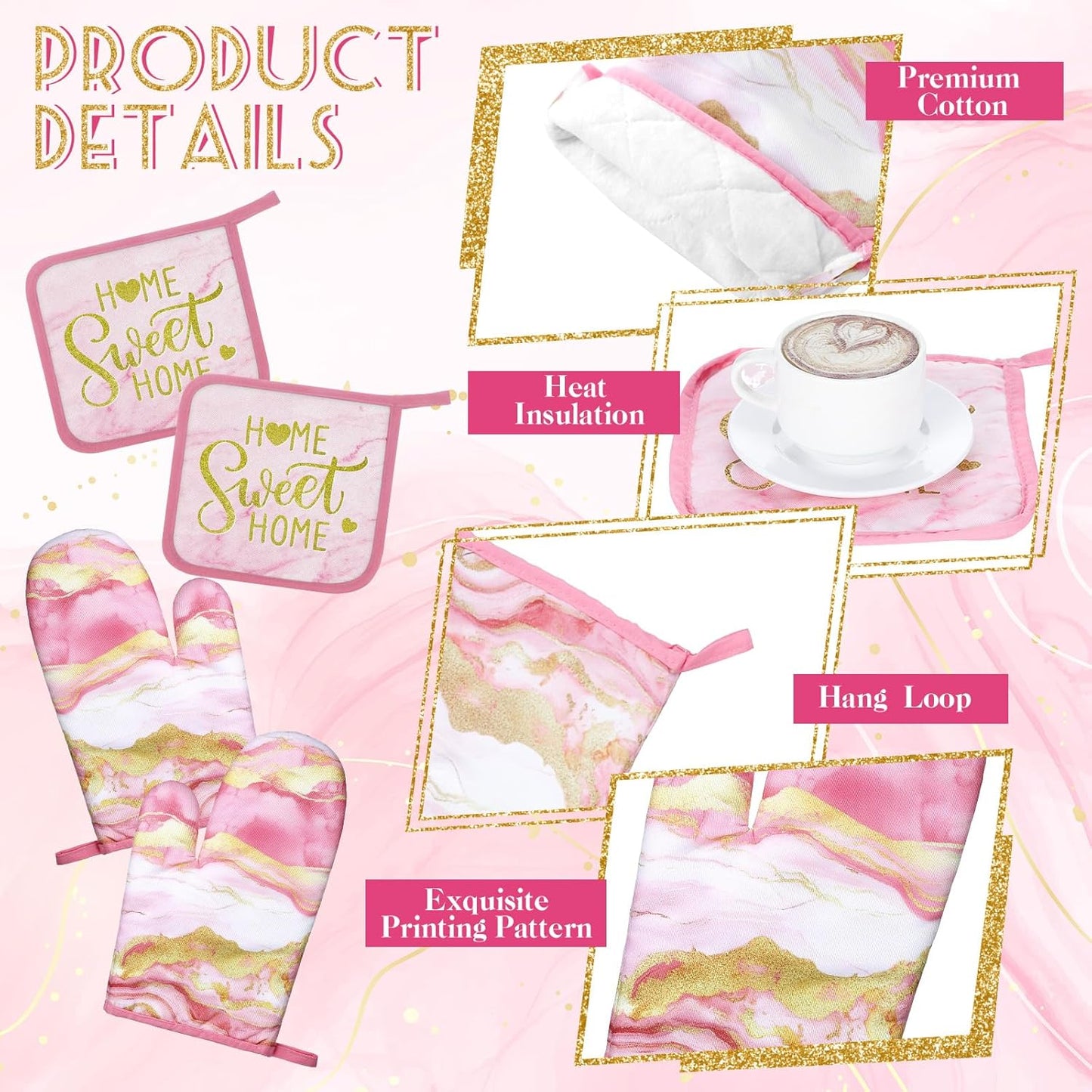 6 Pcs Pink Kitchen Decor Marble Kitchen Towels Set Pot Holders and Oven Mitts Pink Marble Linens Set for Baking Cooking Grilling Cleaning Supply Accessories