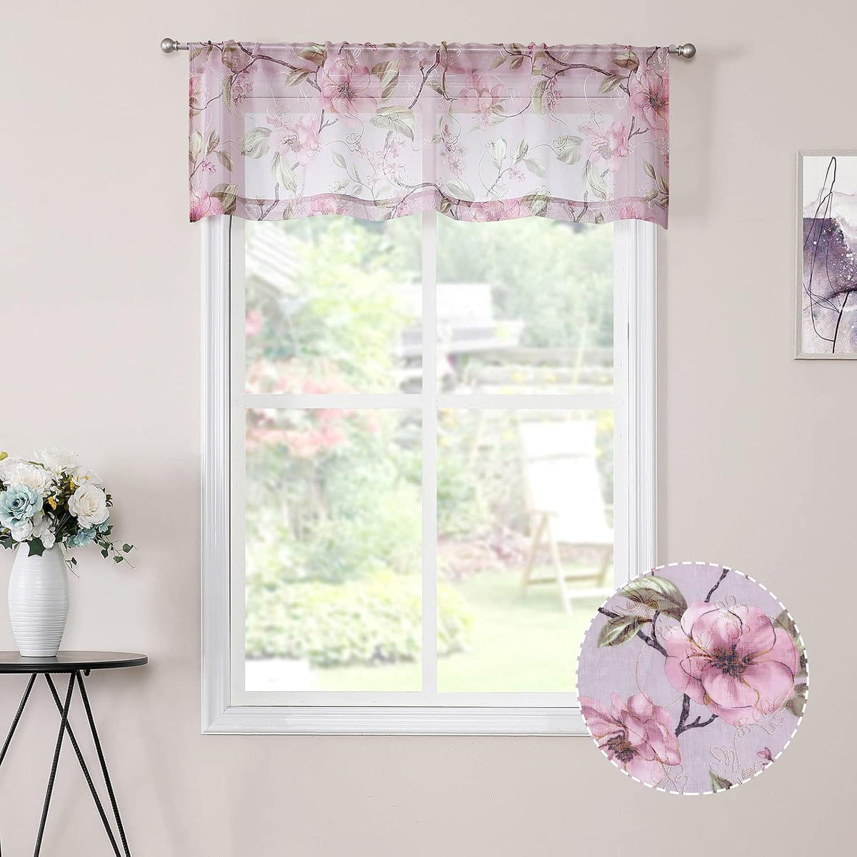 Sheer Valance Pink Flower Leaf Printed Floral Embroidered Bedroom Valance Curtains Sheer Rod Pocket Voile Window Curtain Valances for Living Room, 54 x 16 inches Long, Set of 1 Panel