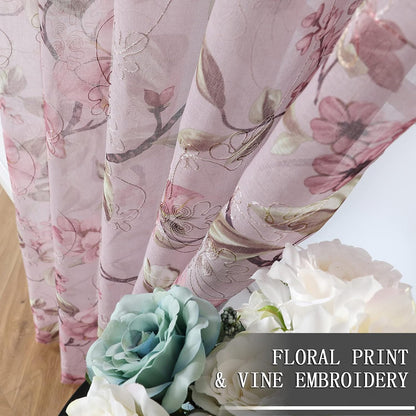 Sheer Valance Pink Flower Leaf Printed Floral Embroidered Bedroom Valance Curtains Sheer Rod Pocket Voile Window Curtain Valances for Living Room, 54 x 16 inches Long, Set of 1 Panel
