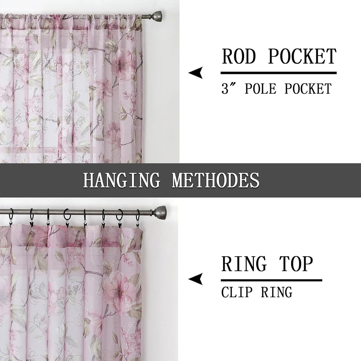 Sheer Valance Pink Flower Leaf Printed Floral Embroidered Bedroom Valance Curtains Sheer Rod Pocket Voile Window Curtain Valances for Living Room, 54 x 16 inches Long, Set of 1 Panel