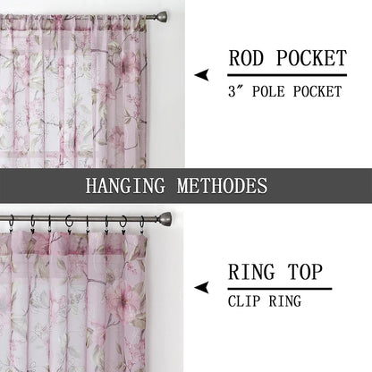 Sheer Valance Pink Flower Leaf Printed Floral Embroidered Bedroom Valance Curtains Sheer Rod Pocket Voile Window Curtain Valances for Living Room, 54 x 16 inches Long, Set of 1 Panel