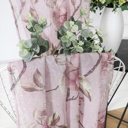 Sheer Valance Pink Flower Leaf Printed Floral Embroidered Bedroom Valance Curtains Sheer Rod Pocket Voile Window Curtain Valances for Living Room, 54 x 16 inches Long, Set of 1 Panel