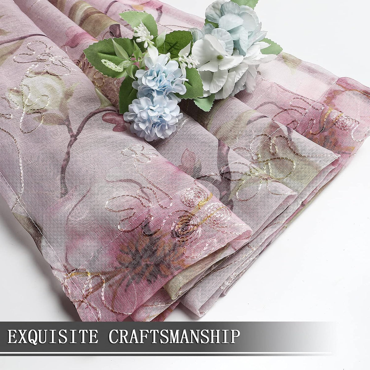 Sheer Valance Pink Flower Leaf Printed Floral Embroidered Bedroom Valance Curtains Sheer Rod Pocket Voile Window Curtain Valances for Living Room, 54 x 16 inches Long, Set of 1 Panel
