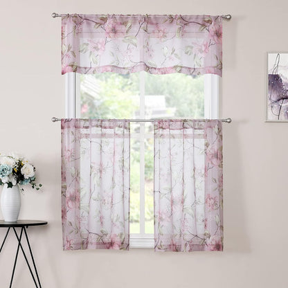 Sheer Valance Pink Flower Leaf Printed Floral Embroidered Bedroom Valance Curtains Sheer Rod Pocket Voile Window Curtain Valances for Living Room, 54 x 16 inches Long, Set of 1 Panel