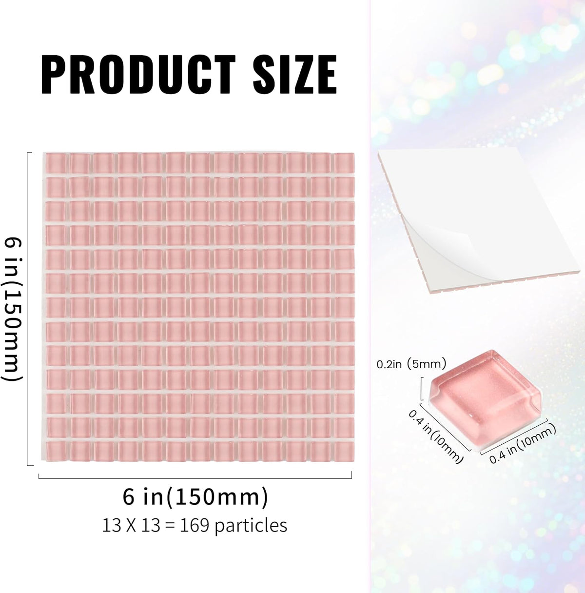 169 Particles Self-Adhesive 0.4X0.4 Inch Square Mosaic Tile. Hobbies Children Handmade Crystal Glass Tiles, Art Crafts, Mosaic Making Projects, Home Decoration DIY Art Projects (Pink)