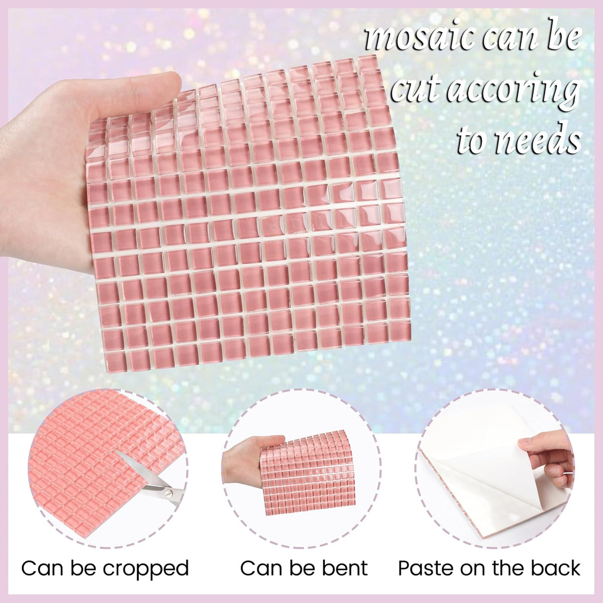 169 Particles Self-Adhesive 0.4X0.4 Inch Square Mosaic Tile. Hobbies Children Handmade Crystal Glass Tiles, Art Crafts, Mosaic Making Projects, Home Decoration DIY Art Projects (Pink)