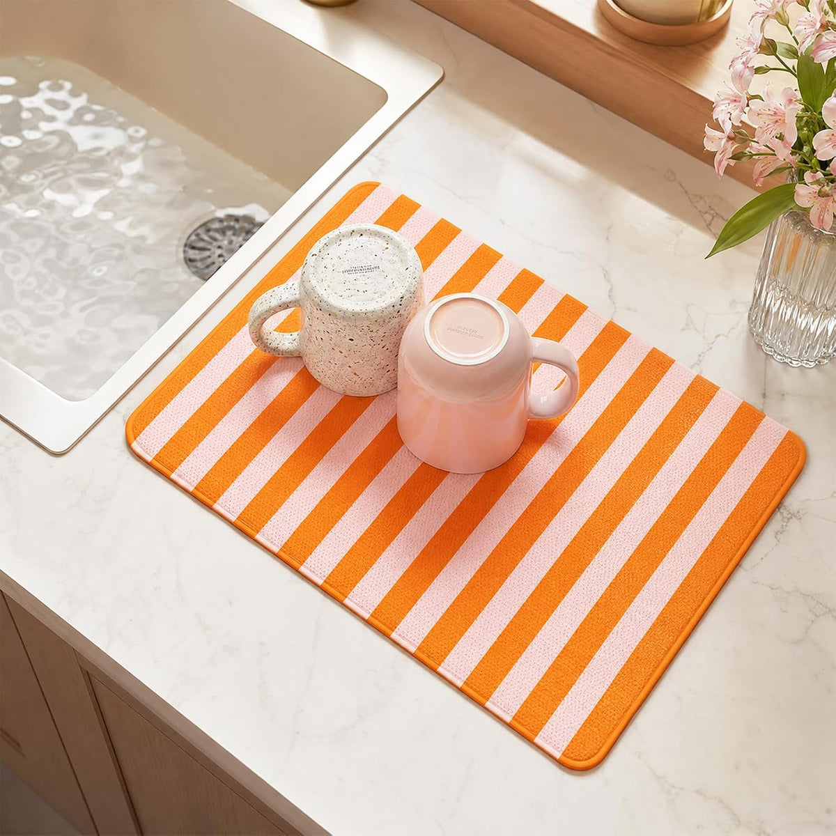 Stripe Dish Drying Mat 18 x 24 Inch Coffee Bar Draining Mat Pink Orange Absorbent Non-Slip Drain Pad Dish Rack Drainer Mats for Kitchen Counter Countertop Decor