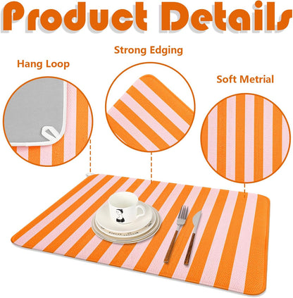 Stripe Dish Drying Mat 18 x 24 Inch Coffee Bar Draining Mat Pink Orange Absorbent Non-Slip Drain Pad Dish Rack Drainer Mats for Kitchen Counter Countertop Decor