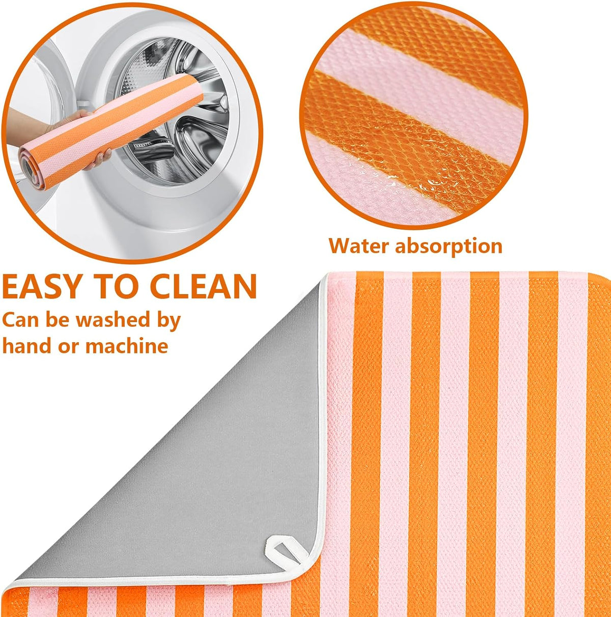 Stripe Dish Drying Mat 18 x 24 Inch Coffee Bar Draining Mat Pink Orange Absorbent Non-Slip Drain Pad Dish Rack Drainer Mats for Kitchen Counter Countertop Decor