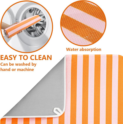 Stripe Dish Drying Mat 18 x 24 Inch Coffee Bar Draining Mat Pink Orange Absorbent Non-Slip Drain Pad Dish Rack Drainer Mats for Kitchen Counter Countertop Decor