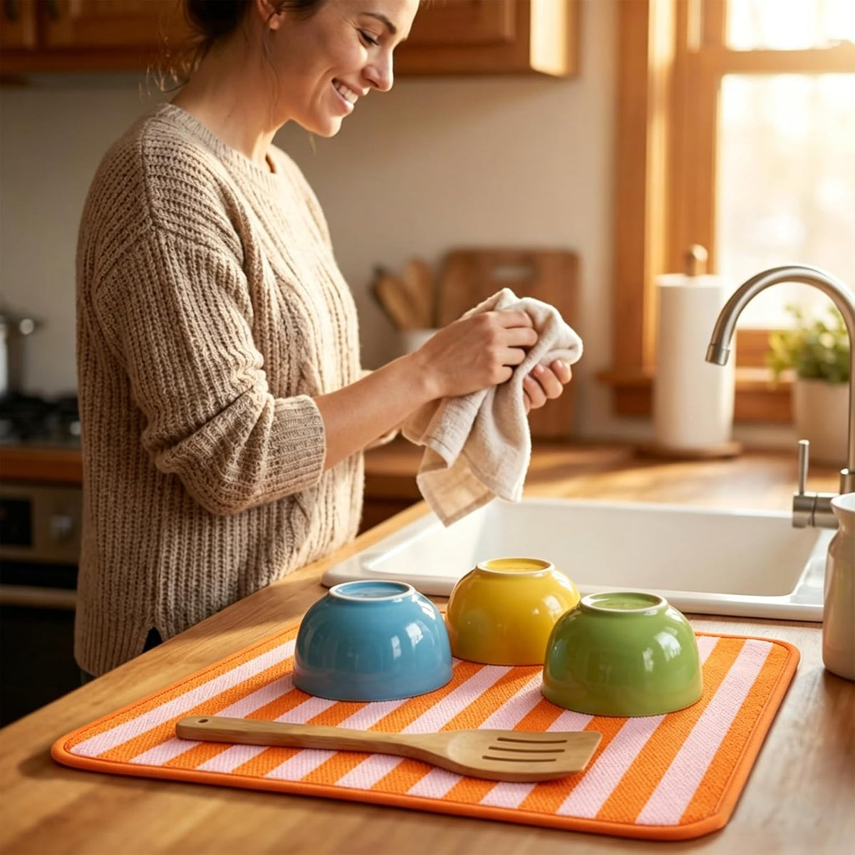 Stripe Dish Drying Mat 18 x 24 Inch Coffee Bar Draining Mat Pink Orange Absorbent Non-Slip Drain Pad Dish Rack Drainer Mats for Kitchen Counter Countertop Decor
