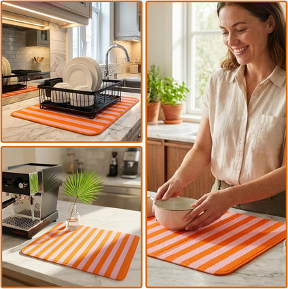Stripe Dish Drying Mat 18 x 24 Inch Coffee Bar Draining Mat Pink Orange Absorbent Non-Slip Drain Pad Dish Rack Drainer Mats for Kitchen Counter Countertop Decor